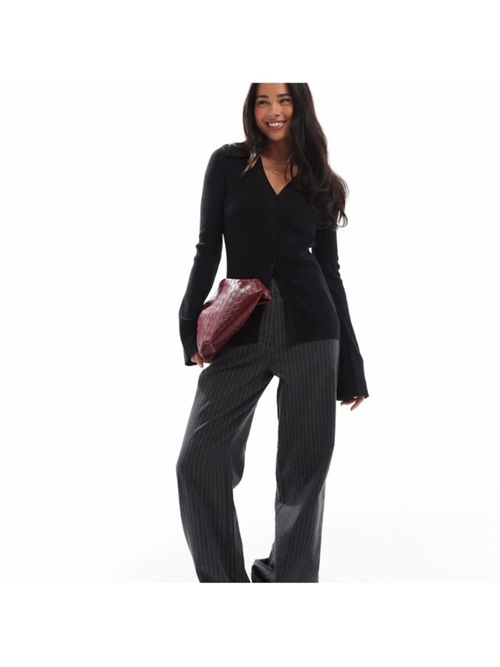ASOS Black Ribbed Button-Front Sweater with Collar - Picture 2 of 2